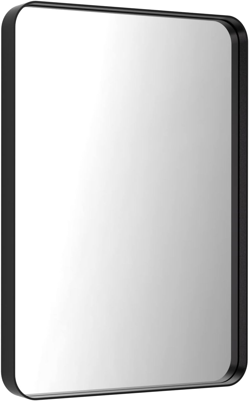 LOAAO Black Metal Framed Bathroom Mirror for Wall, 22X30 Inch Rounded Rectangle Mirror, Matte Black Bathroom Vanity Mirror Farmhouse, Anti-Rust, Tempered Glass, Hangs Horizontally or Vertically