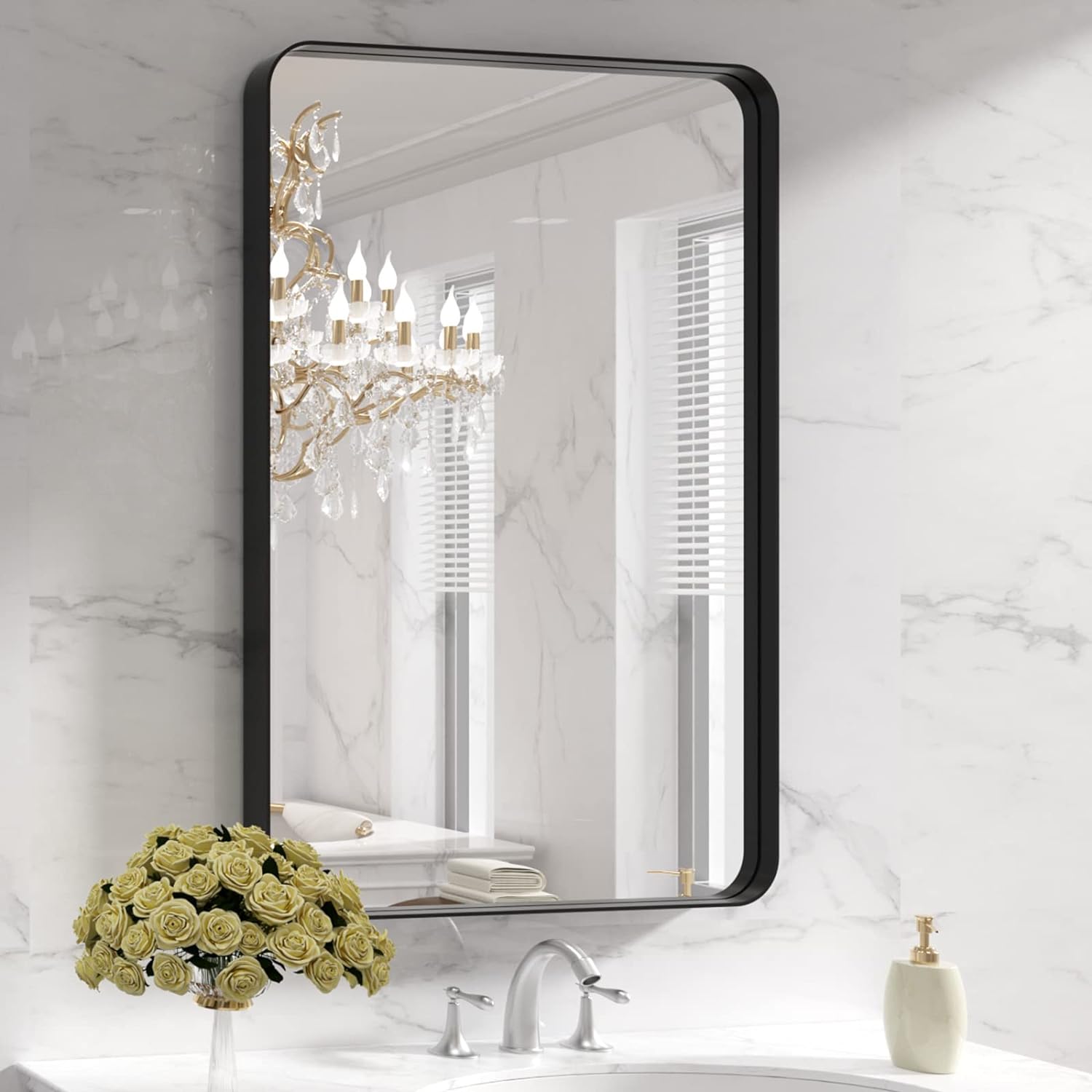 LOAAO Black Metal Framed Bathroom Mirror for Wall, 22X30 Inch Rounded Rectangle Mirror, Matte Black Bathroom Vanity Mirror Farmhouse, Anti-Rust, Tempered Glass, Hangs Horizontally or Vertically