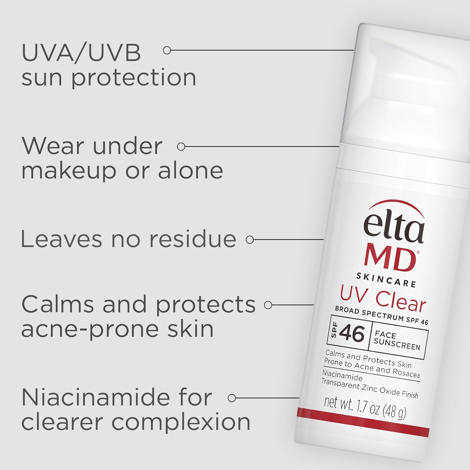 EltaMD UV Clear Face Sunscreen SPF 46, Oil Free Sunscreen with Zinc Oxide, Dermatologist Recommended Sunscreen, 1.7 oz Pump