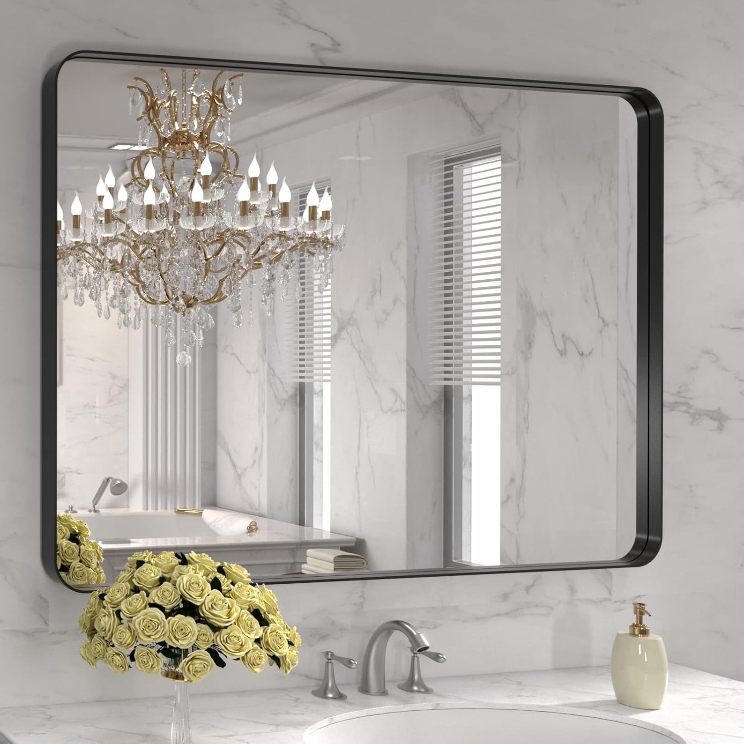 LOAAO Black Metal Framed Bathroom Mirror for Wall, 22X30 Inch Rounded Rectangle Mirror, Matte Black Bathroom Vanity Mirror Farmhouse, Anti-Rust, Tempered Glass, Hangs Horizontally or Vertically