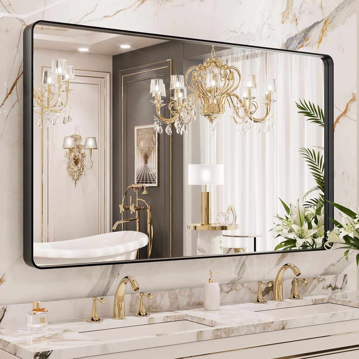 LOAAO Black Metal Framed Bathroom Mirror for Wall, 22X30 Inch Rounded Rectangle Mirror, Matte Black Bathroom Vanity Mirror Farmhouse, Anti-Rust, Tempered Glass, Hangs Horizontally or Vertically