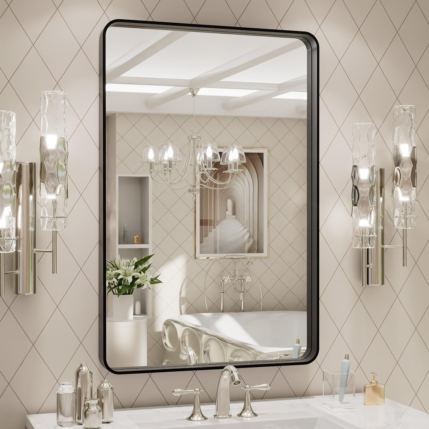 LOAAO Black Metal Framed Bathroom Mirror for Wall, 22X30 Inch Rounded Rectangle Mirror, Matte Black Bathroom Vanity Mirror Farmhouse, Anti-Rust, Tempered Glass, Hangs Horizontally or Vertically