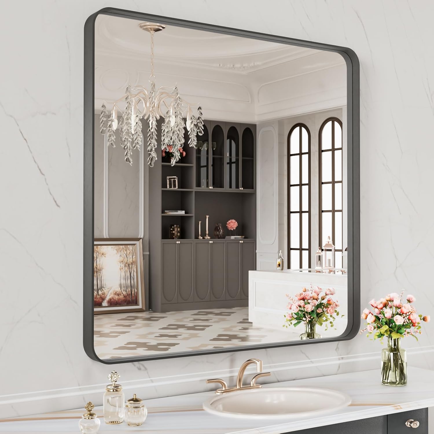 LOAAO Black Metal Framed Bathroom Mirror for Wall, 22X30 Inch Rounded Rectangle Mirror, Matte Black Bathroom Vanity Mirror Farmhouse, Anti-Rust, Tempered Glass, Hangs Horizontally or Vertically