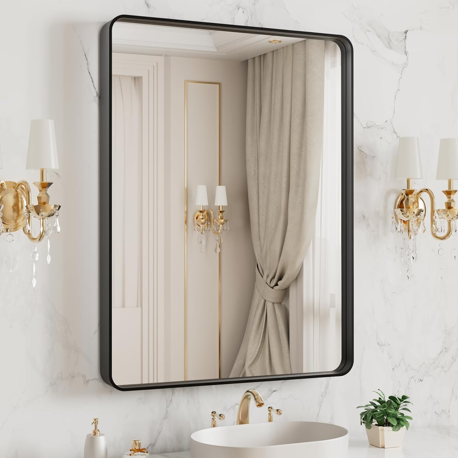 LOAAO Black Metal Framed Bathroom Mirror for Wall, 22X30 Inch Rounded Rectangle Mirror, Matte Black Bathroom Vanity Mirror Farmhouse, Anti-Rust, Tempered Glass, Hangs Horizontally or Vertically