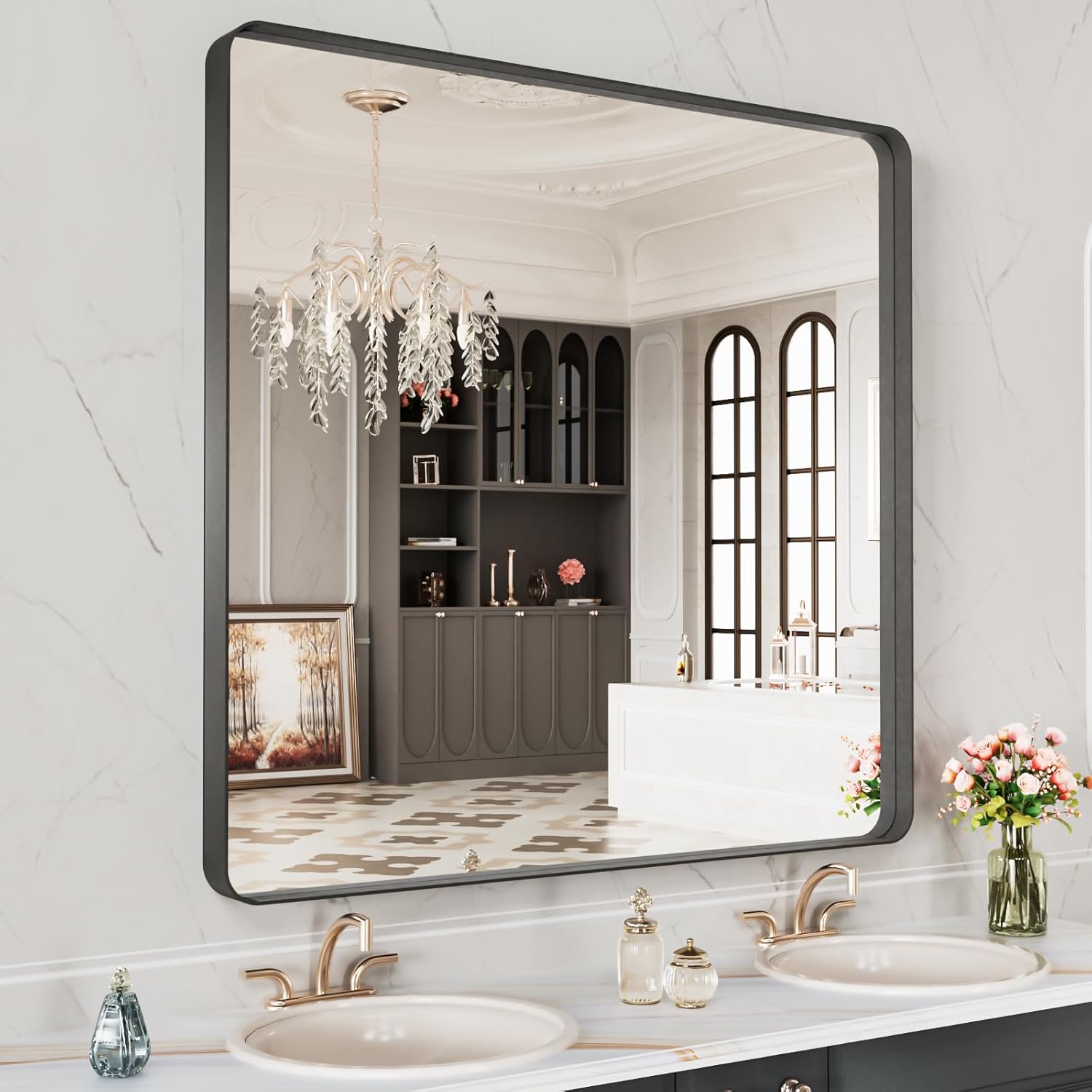 LOAAO Black Metal Framed Bathroom Mirror for Wall, 22X30 Inch Rounded Rectangle Mirror, Matte Black Bathroom Vanity Mirror Farmhouse, Anti-Rust, Tempered Glass, Hangs Horizontally or Vertically