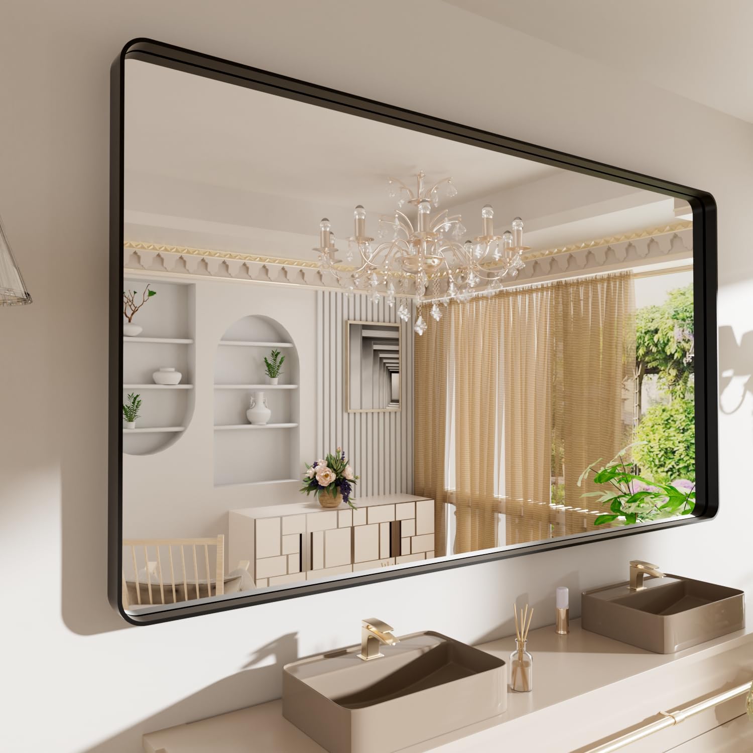 LOAAO Black Metal Framed Bathroom Mirror for Wall, 22X30 Inch Rounded Rectangle Mirror, Matte Black Bathroom Vanity Mirror Farmhouse, Anti-Rust, Tempered Glass, Hangs Horizontally or Vertically