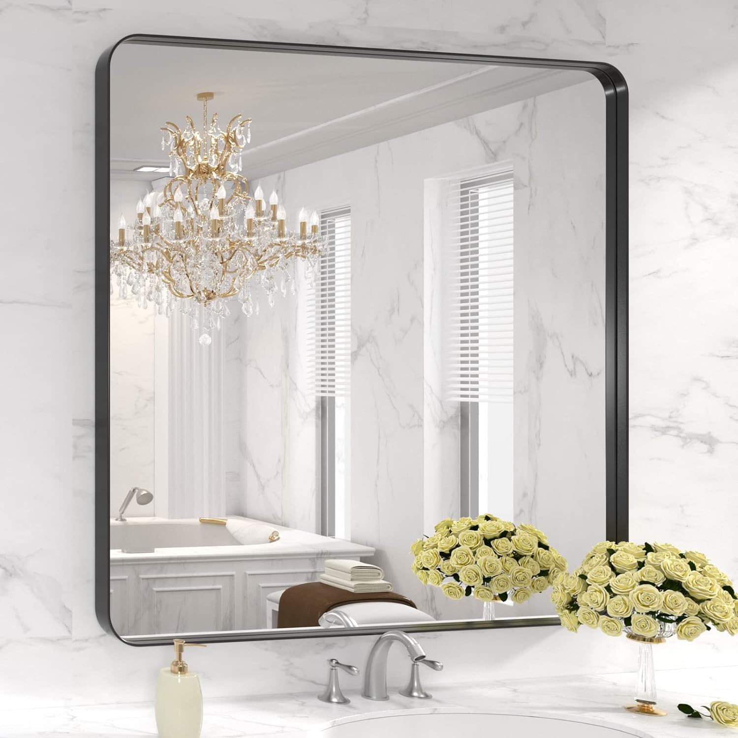 LOAAO Black Metal Framed Bathroom Mirror for Wall, 22X30 Inch Rounded Rectangle Mirror, Matte Black Bathroom Vanity Mirror Farmhouse, Anti-Rust, Tempered Glass, Hangs Horizontally or Vertically