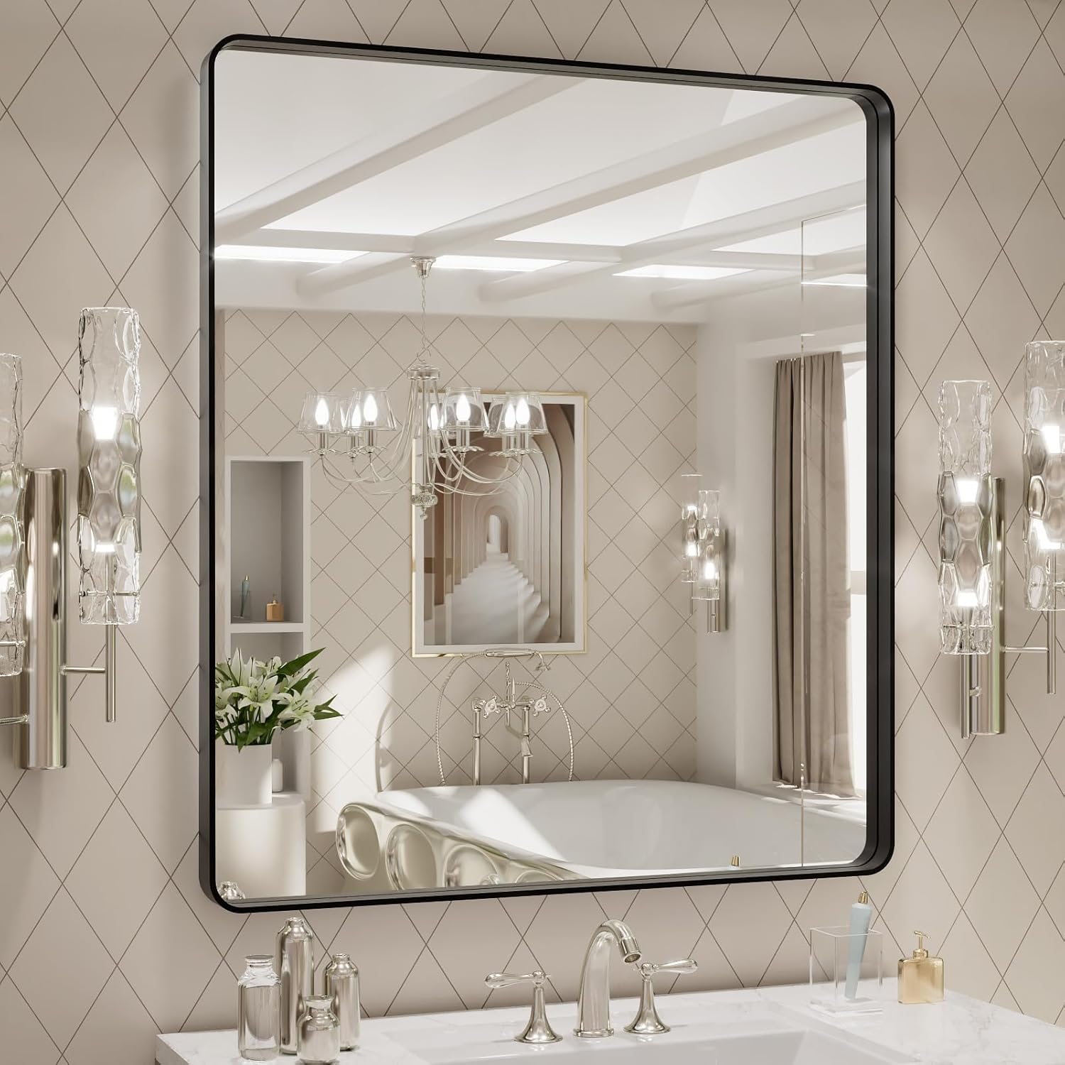 LOAAO Black Metal Framed Bathroom Mirror for Wall, 22X30 Inch Rounded Rectangle Mirror, Matte Black Bathroom Vanity Mirror Farmhouse, Anti-Rust, Tempered Glass, Hangs Horizontally or Vertically
