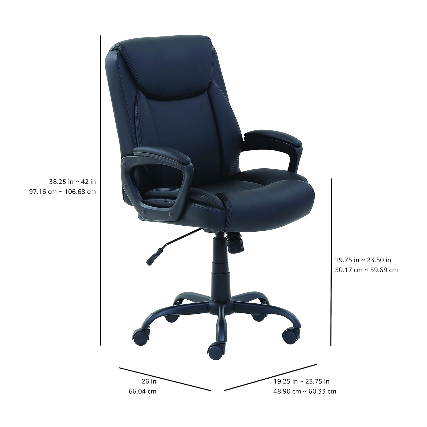 Amazon Basics Office Black Chair | PU Padded | Mid-Back | Armrest | 26"D x 23.75"W x 42"H