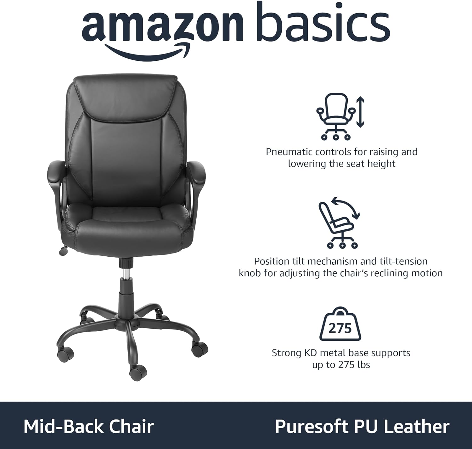 Amazon Basics Office Black Chair | PU Padded | Mid-Back | Armrest | 26"D x 23.75"W x 42"H