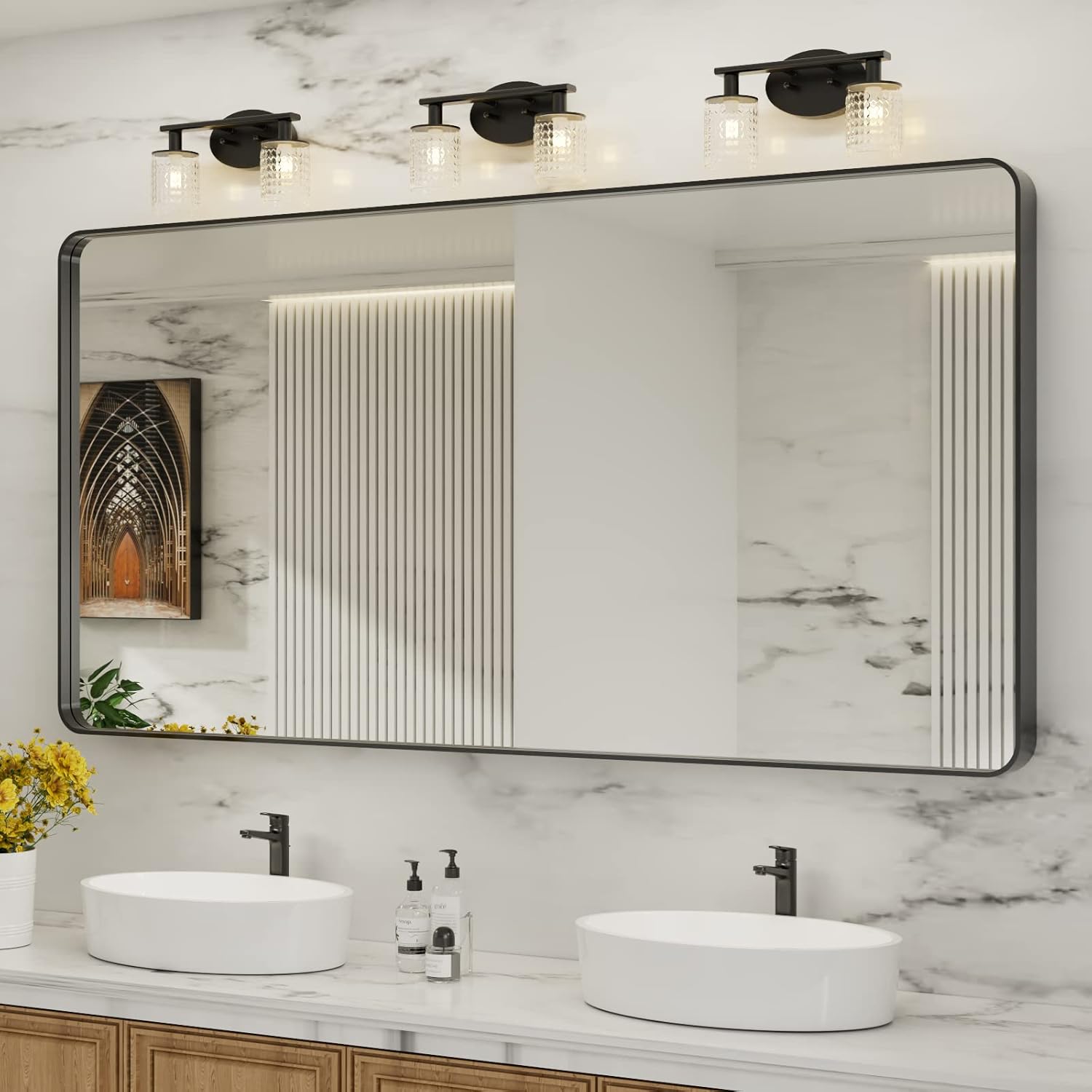 LOAAO Black Metal Framed Bathroom Mirror for Wall, 22X30 Inch Rounded Rectangle Mirror, Matte Black Bathroom Vanity Mirror Farmhouse, Anti-Rust, Tempered Glass, Hangs Horizontally or Vertically