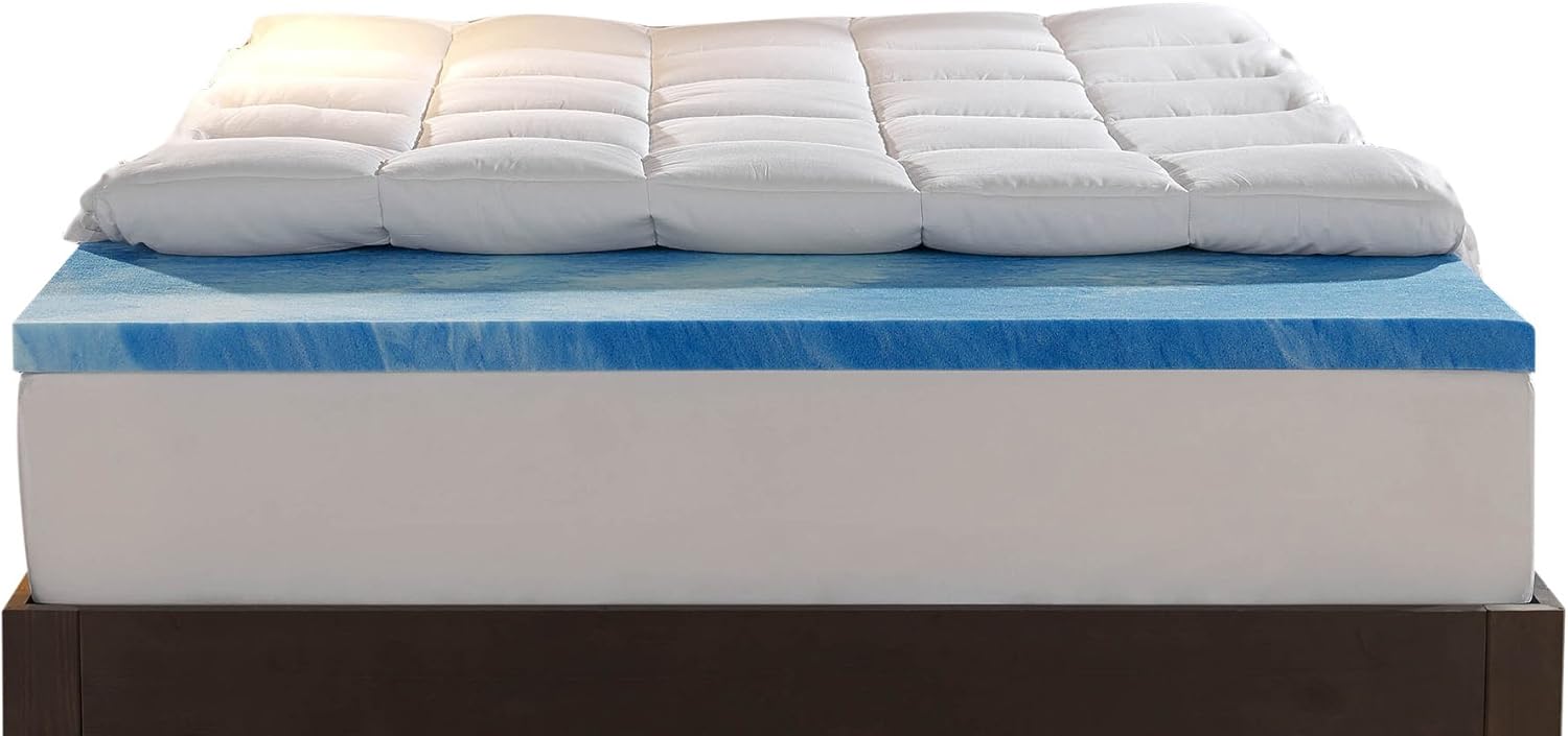 Sleep Innovations Cooling Comfort Gel Memory Foam Dual Layer Mattress Topper, 4 Inch, King Size, Pillow Top Cover
