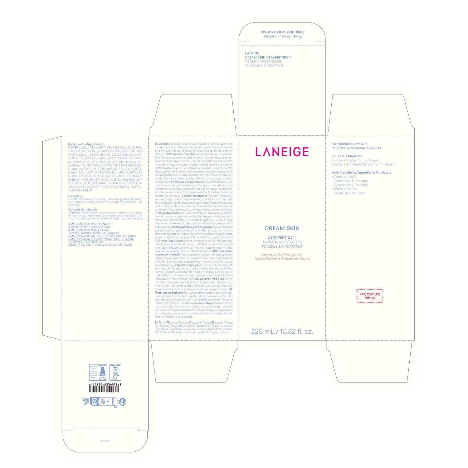 LANEIGE Cream Skin Refillable Toner & Moisturizer with Ceramides and Peptides: Korean Milky Toner, Amino Acid, Nourish, Hydrate, Barrier-Boosting, Visibly Firm