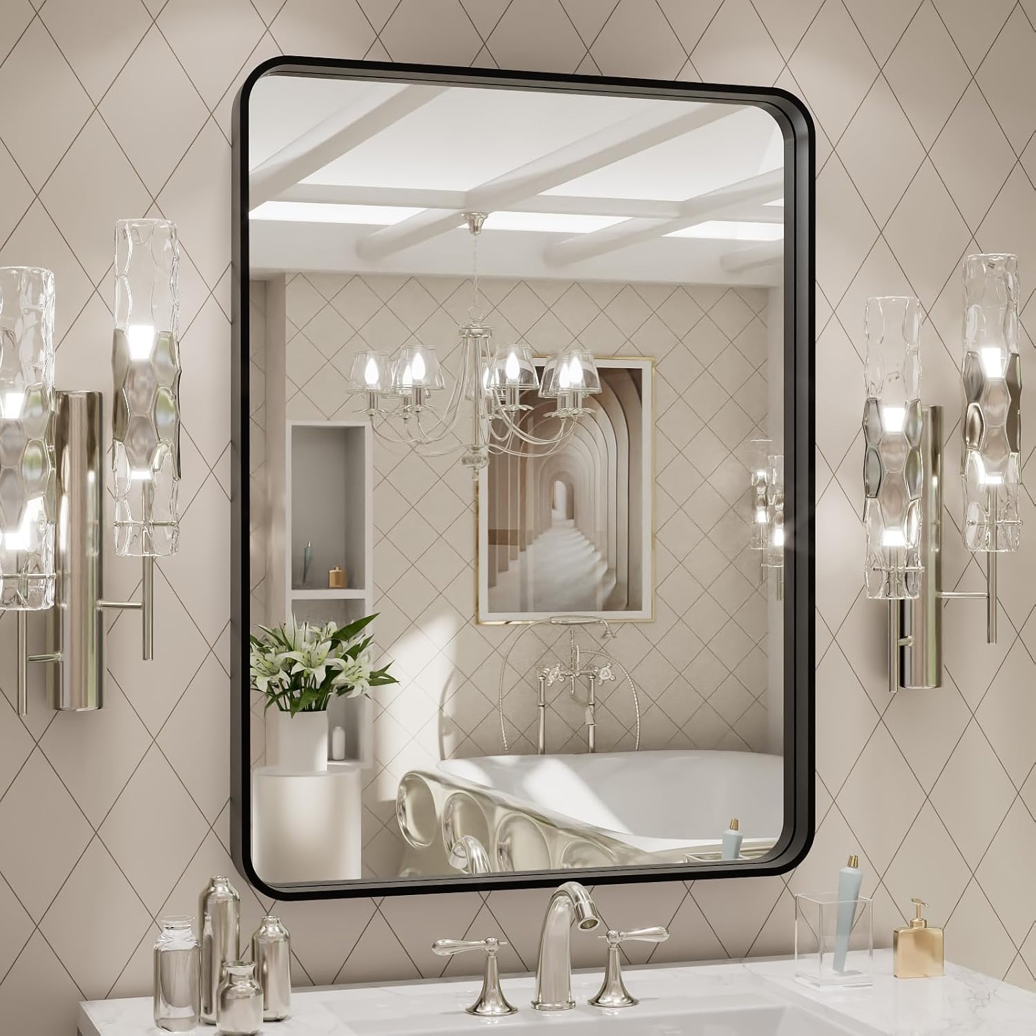 LOAAO Black Metal Framed Bathroom Mirror for Wall, 22X30 Inch Rounded Rectangle Mirror, Matte Black Bathroom Vanity Mirror Farmhouse, Anti-Rust, Tempered Glass, Hangs Horizontally or Vertically