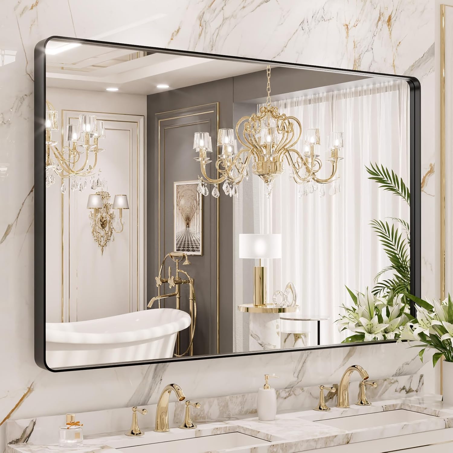 LOAAO Black Metal Framed Bathroom Mirror for Wall, 22X30 Inch Rounded Rectangle Mirror, Matte Black Bathroom Vanity Mirror Farmhouse, Anti-Rust, Tempered Glass, Hangs Horizontally or Vertically