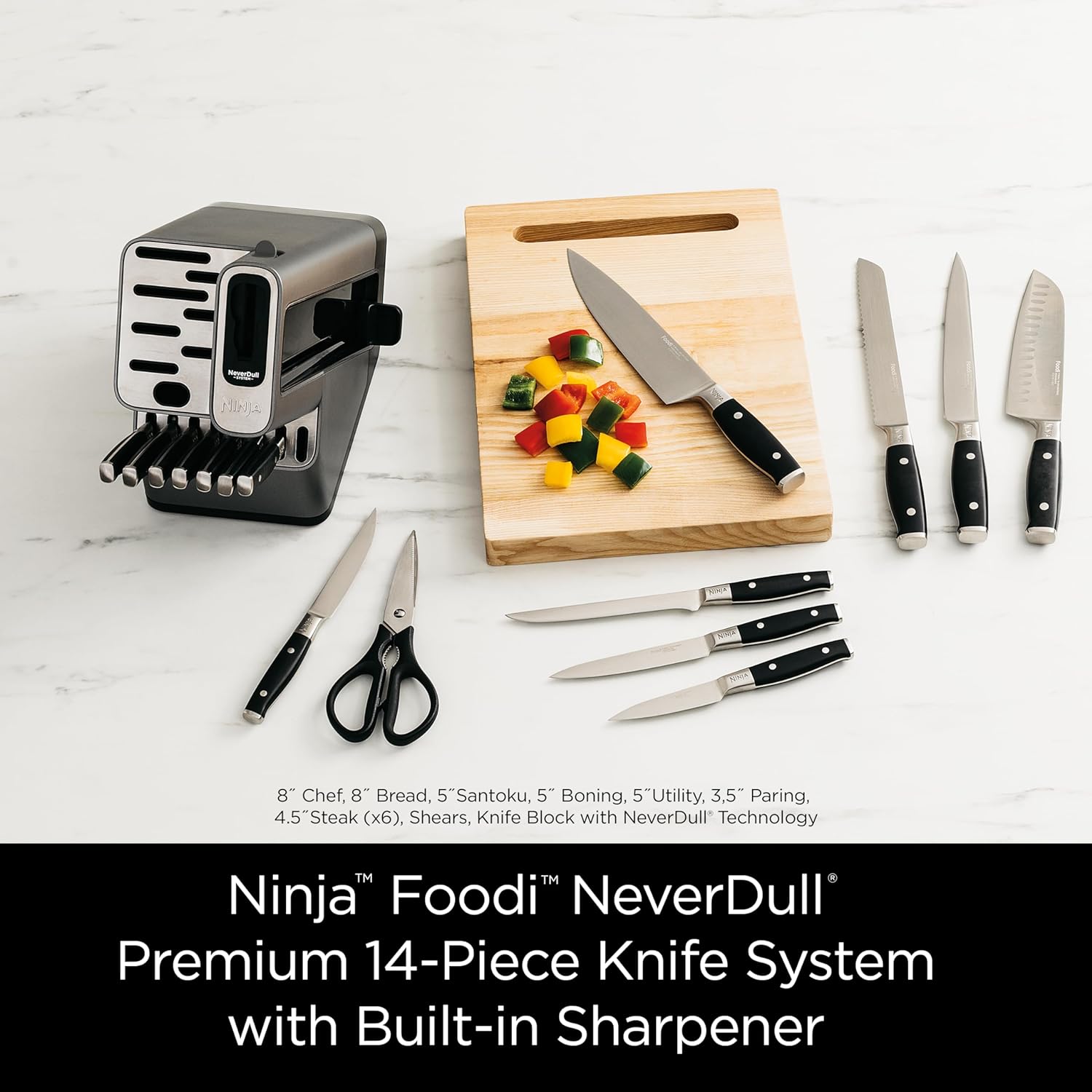 Ninja K32014 Foodi NeverDull Premium Knife System, 14 Piece Knife Block Set with Built-in Sharpener, German Stainless Steel Knives, Black