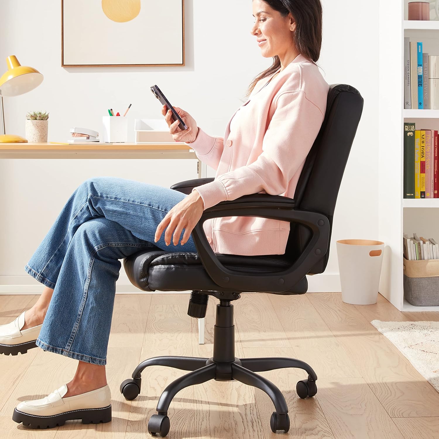 Amazon Basics Office Black Chair | PU Padded | Mid-Back | Armrest | 26"D x 23.75"W x 42"H